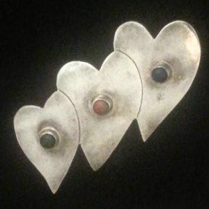 Vintage Taxco Sterling Triple Heart 3 Cabochon Bezel Set Gems Pin Brooch 3"